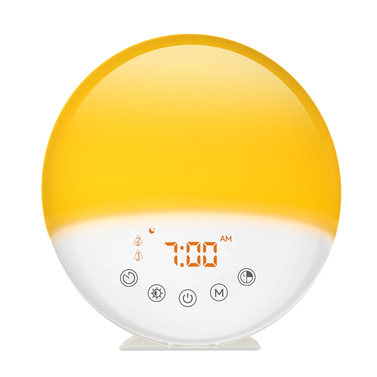 RICIAL Wake Up Light Sunrise Alarm Clock with yellow light and display showing 7:00 AM.