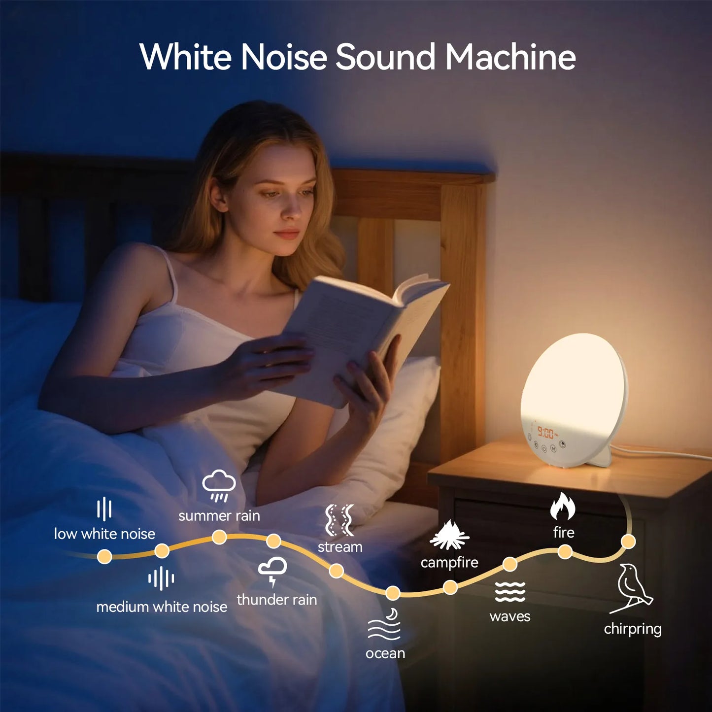 Young woman reading next to RICIAL Wake Up Light Sunrise Alarm Clock, showcasing calming sound options and gentle light.