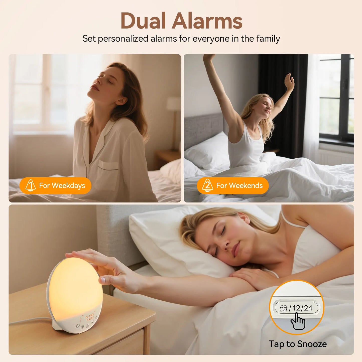 RICIAL Wake Up Light Sunrise Alarm Clock with dual alarms for personalized wake-up and snooze functions.