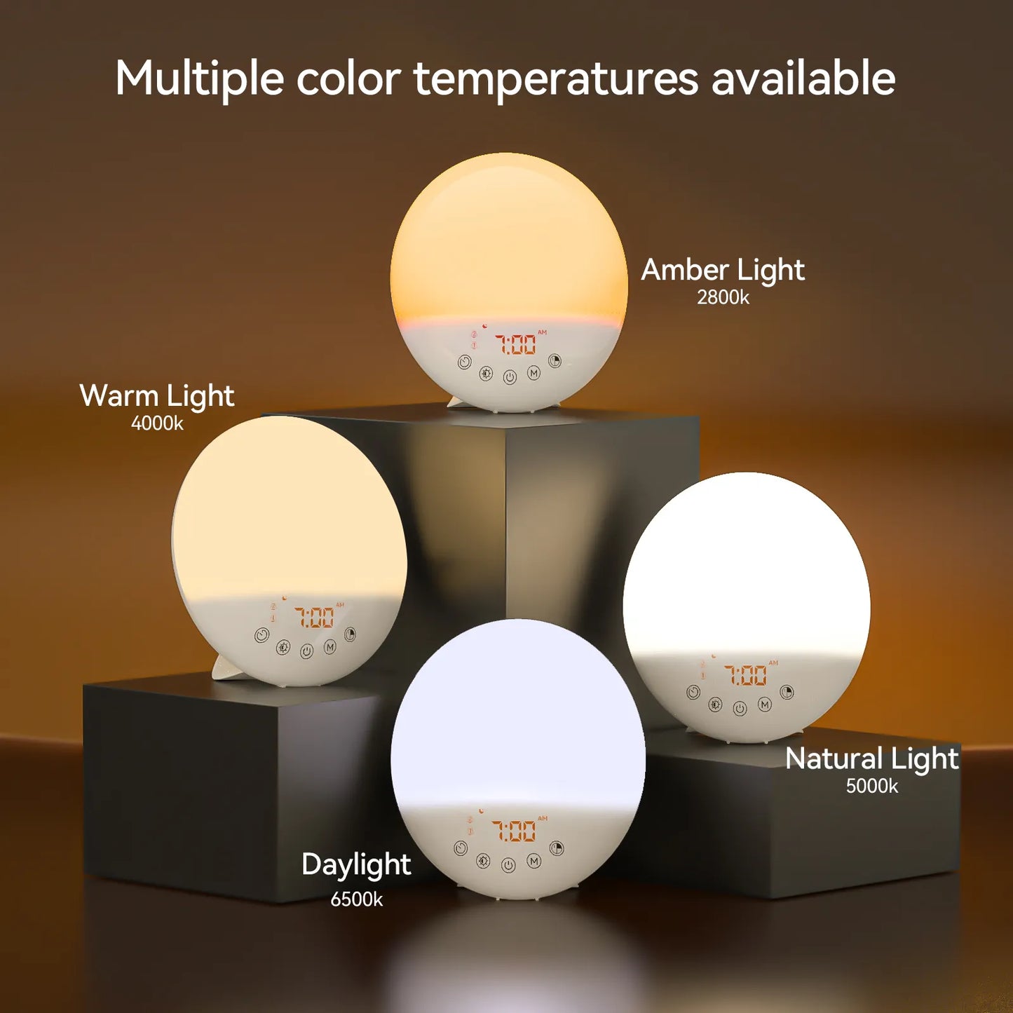 RICIAL Wake Up Light Sunrise Alarm Clock with multiple color temperatures: Amber, Warm, Natural, and Daylight.