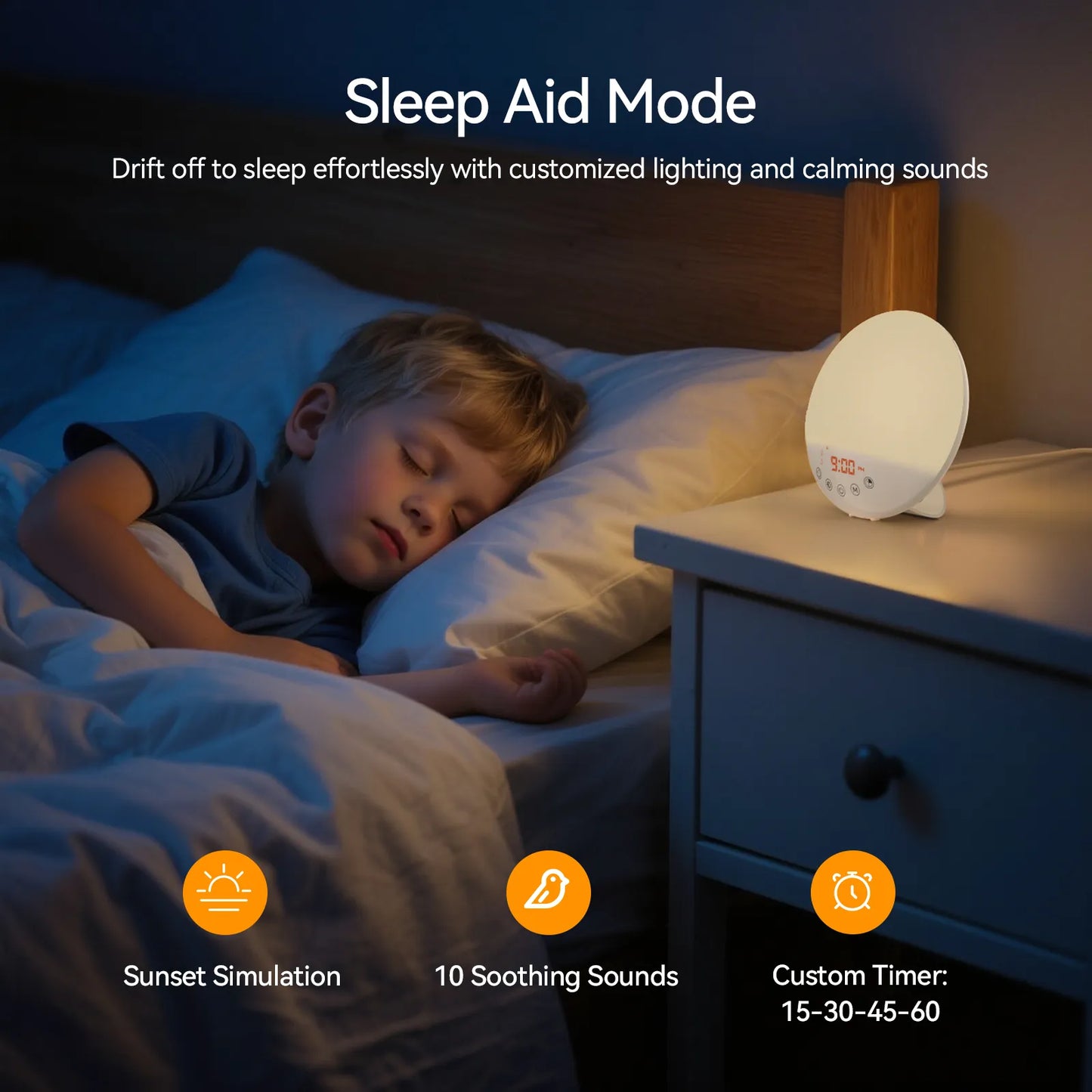 RIICAL Wake Up Light Sunrise Alarm Clock in sleep aid mode with sunset simulation and calming sounds.