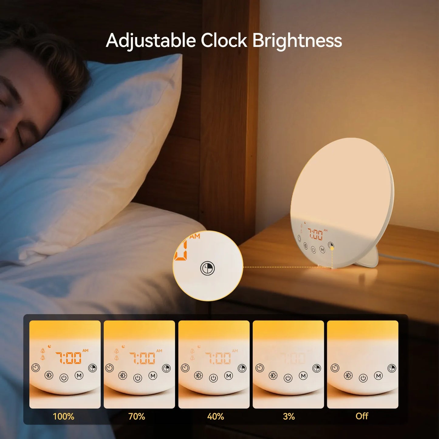 RICIAL Wake Up Light Sunrise Alarm Clock with adjustable brightness settings for a customizable wake-up experience.