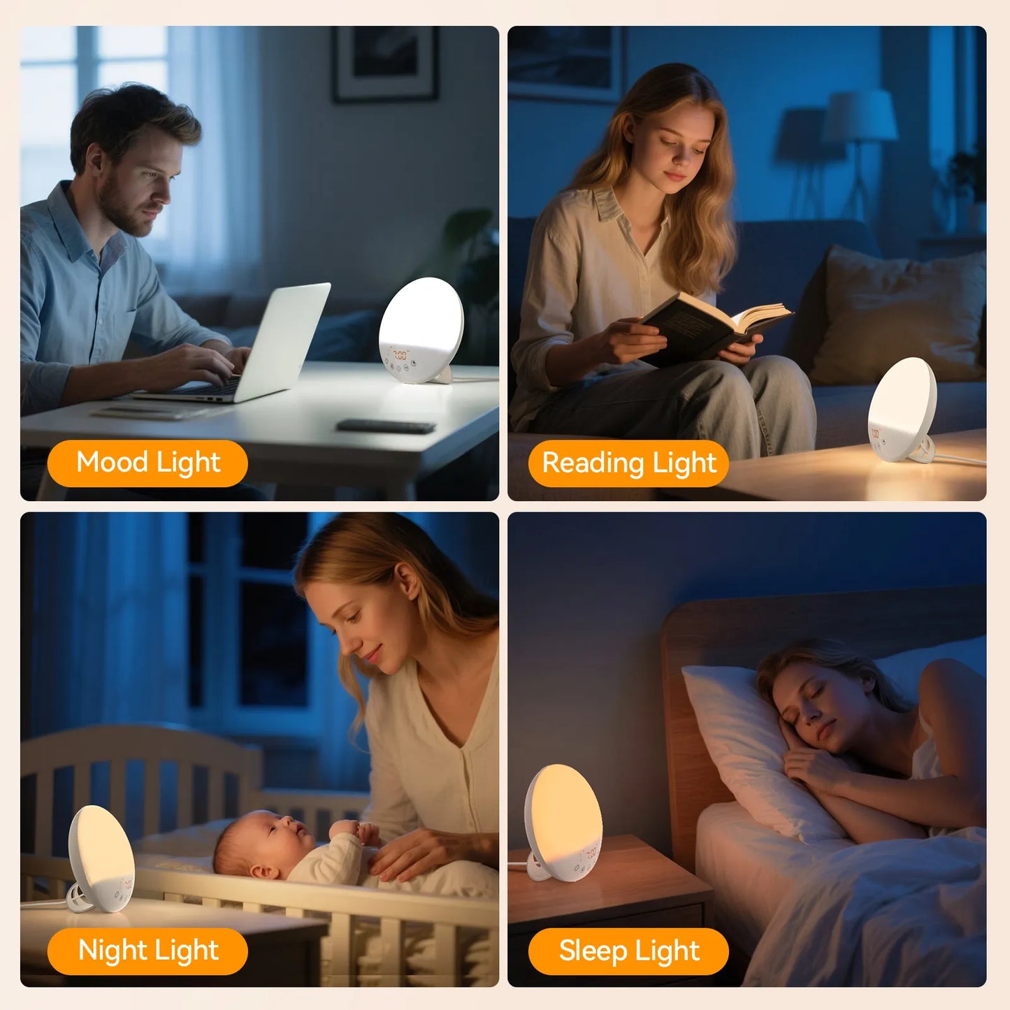 RICIAL Wake Up Light Sunrise Alarm Clock used as mood, reading, night, and sleep light in various settings.