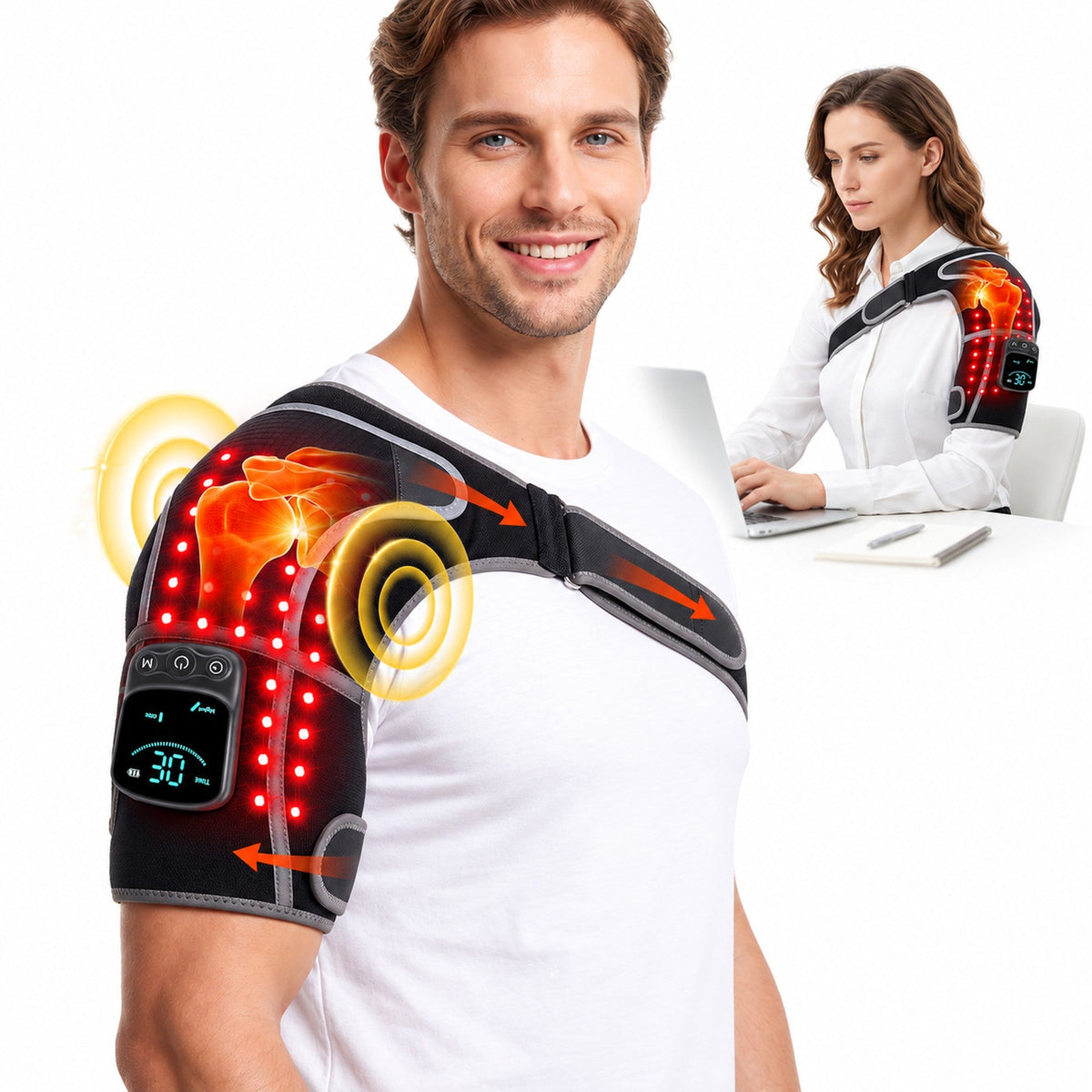 RICIAL ArcLuma cordless red light therapy shoulder wrap with vibration massage, worn on the shoulder