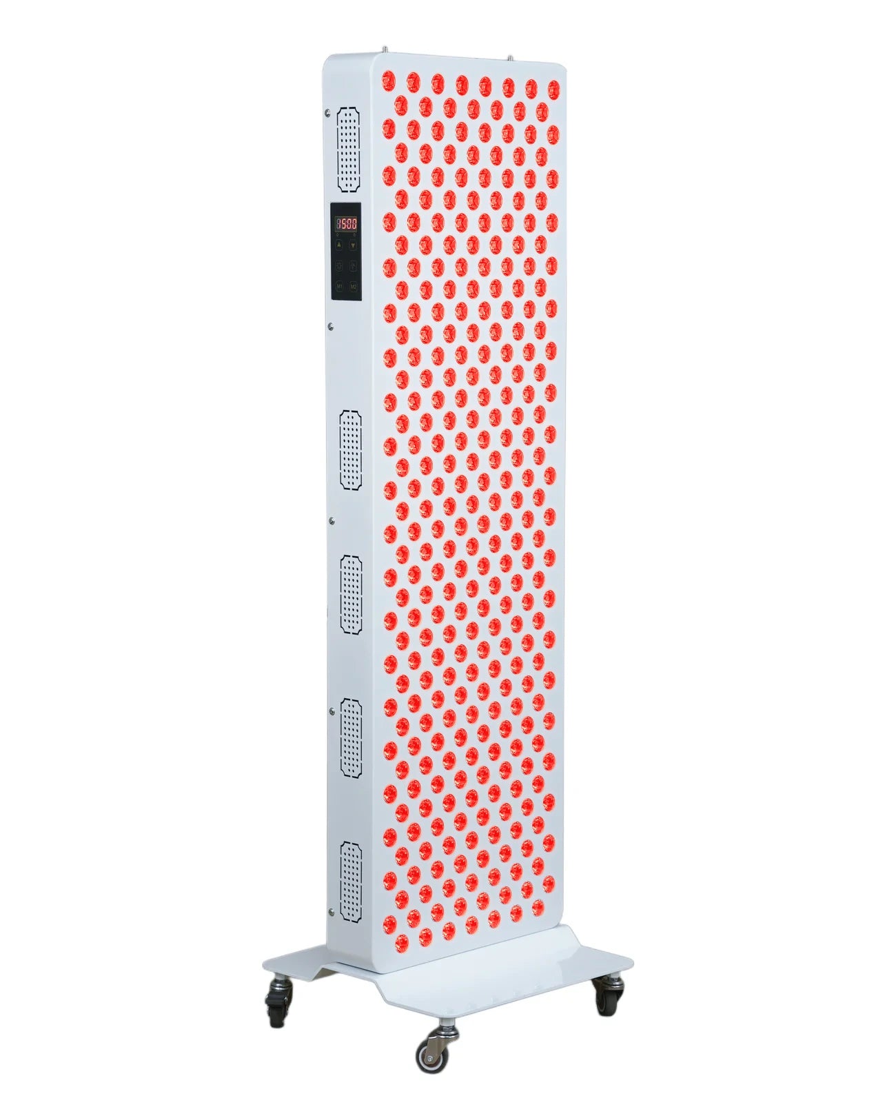FormLuma Pro 1500W Pro, three-quarter front view, red LEDs illuminated ; optional rolling base shown