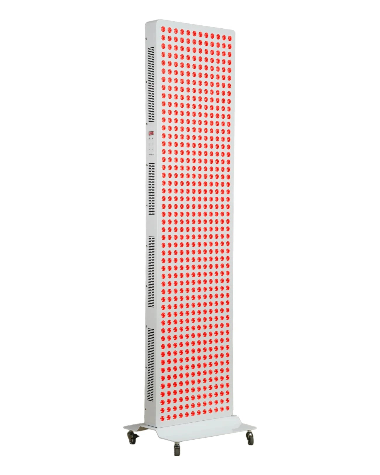 RiseLuma 3000W, three-quarter front view, red LEDs illuminated ; optional rolling base shown