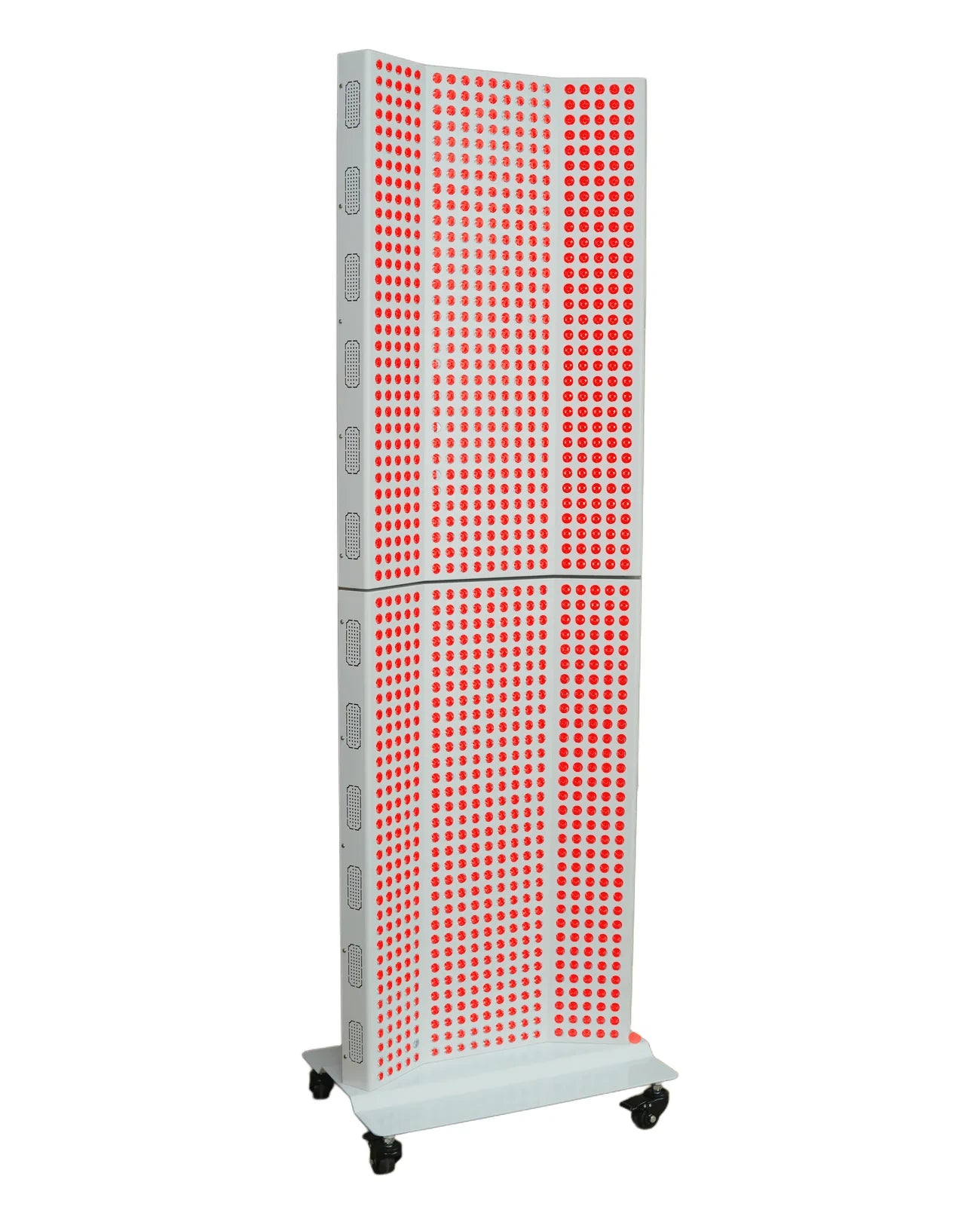 AtlasLuma 6000W, three-quarter front view, red LEDs illuminated ; optional rolling base shown