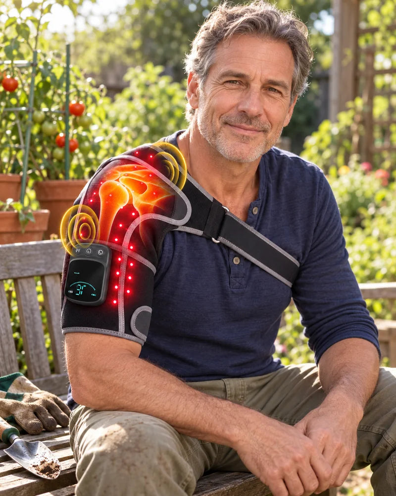 Man resting on a garden bench after gardening, wearing the wrap