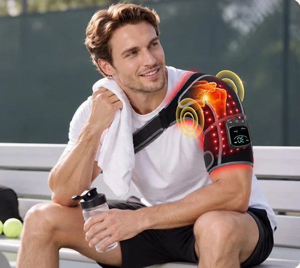 Man cooling down after tennis with the wrap on his shoulder