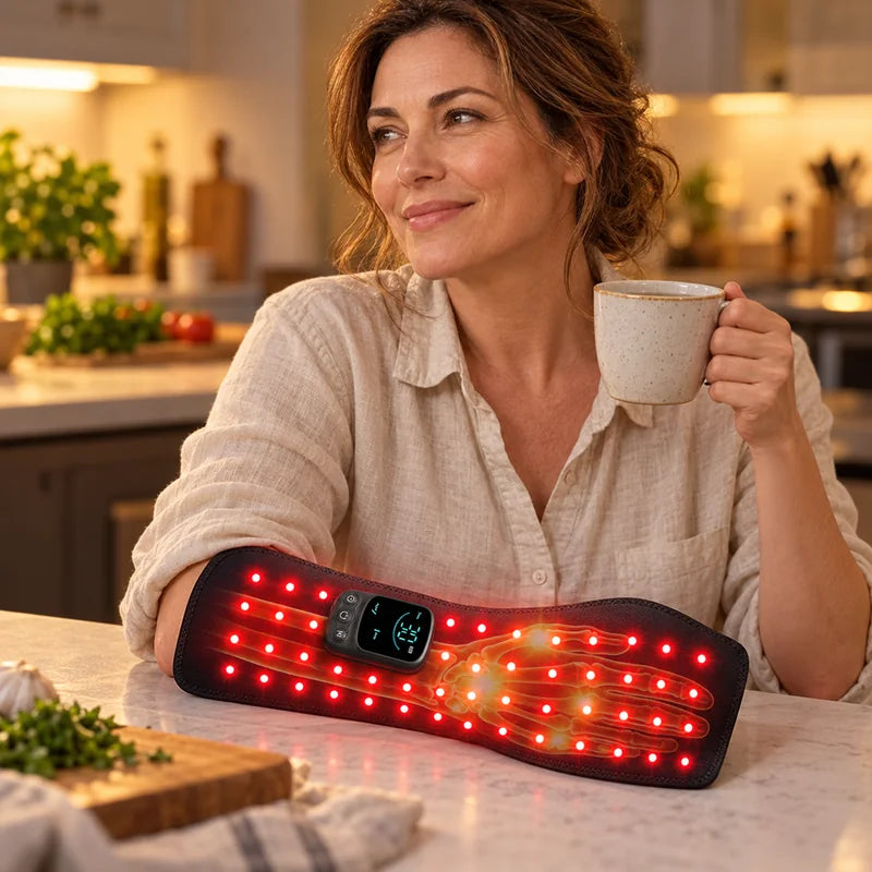 Woman at the kitchen island with the PalmLuma glove on her hand and forearm