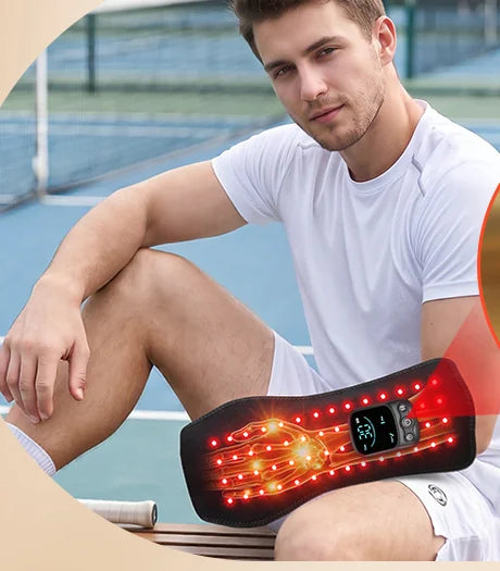 Tennis player resting courtside with the glove on his forearm