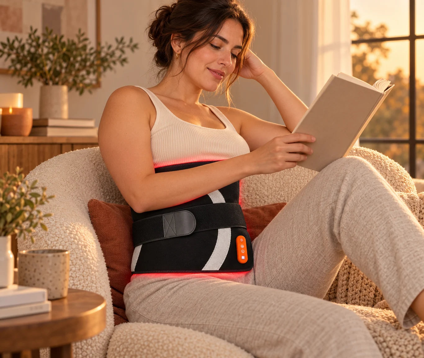 Woman reading in an armchair with the RoamLuma pad wrapped around her waist and strapped in place