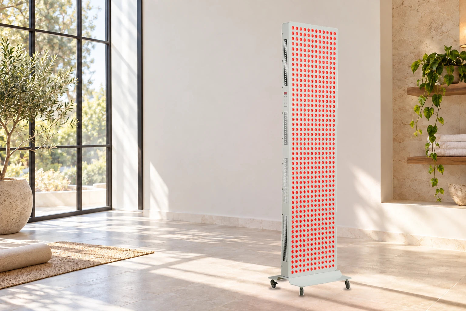 RiseLuma 3000W red light panel with visible red LEDs illuminated in a home wellness room