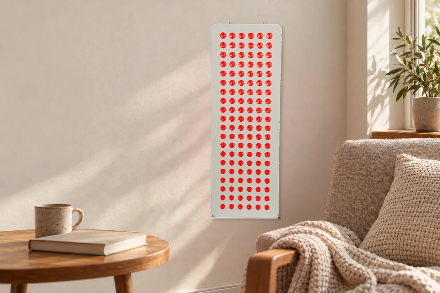 FocusLuma 600W red light panel with visible red LEDs illuminated in a calm home wellness corner