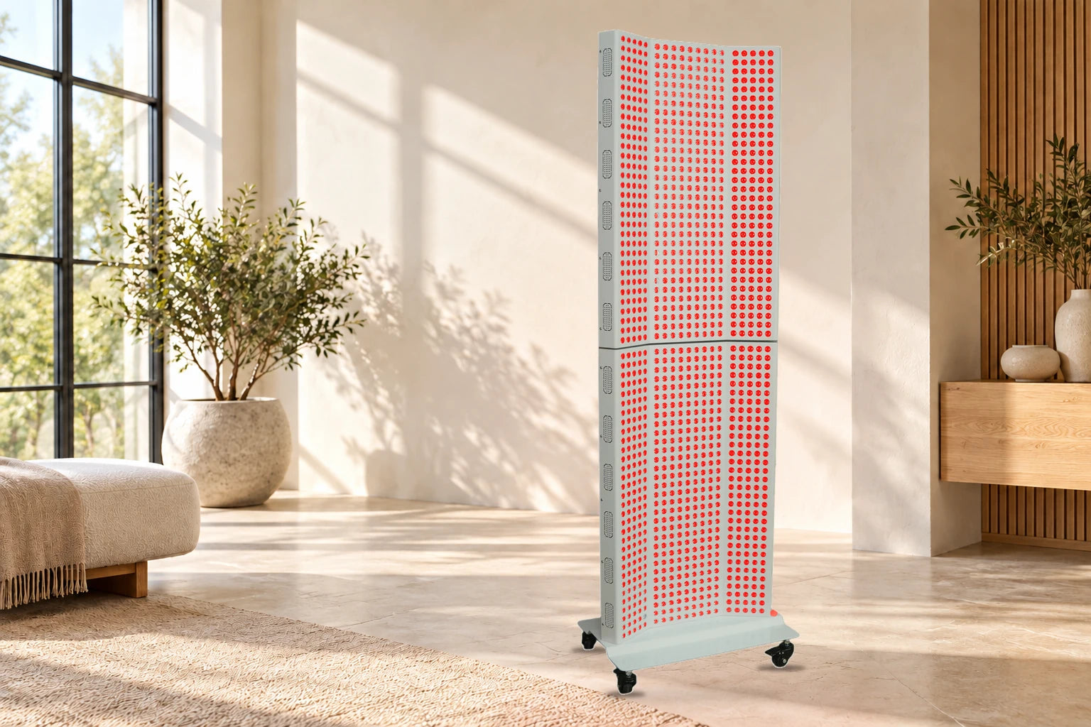AtlasLuma 6000W two-module red light panel with visible red LEDs illuminated in a spacious home room
