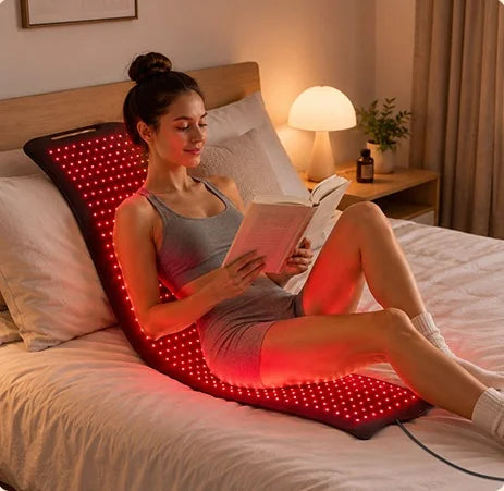Woman reading in bed, lying on the unzipped flat pad