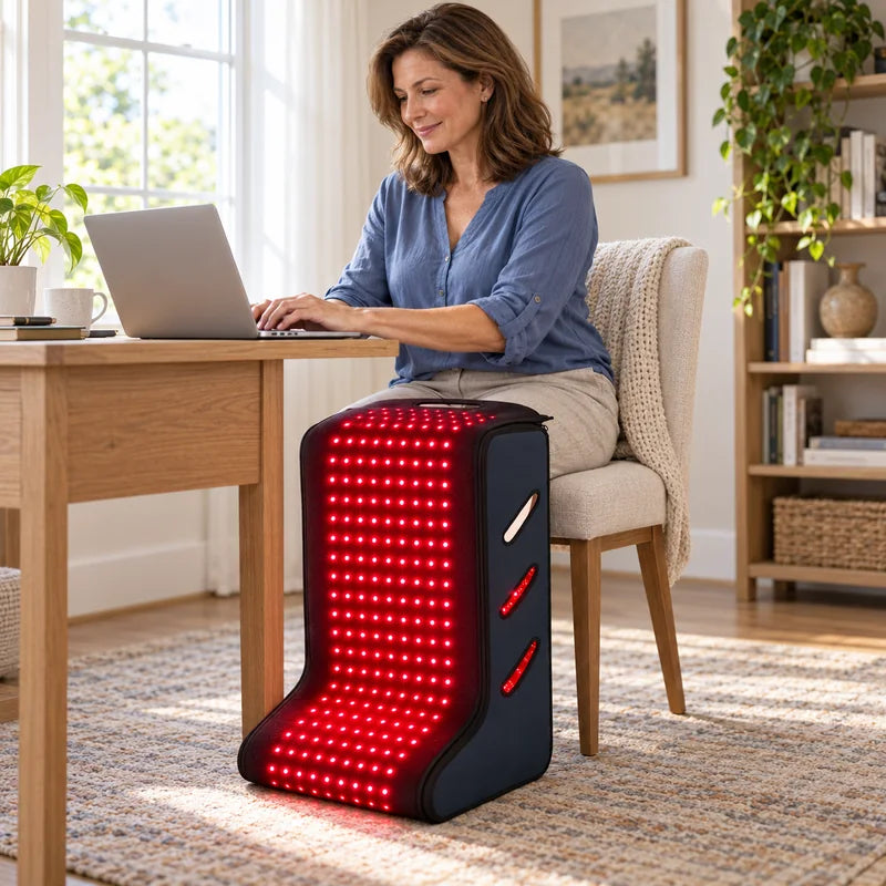 Woman typing at her desk with both legs in the boot, knees covered