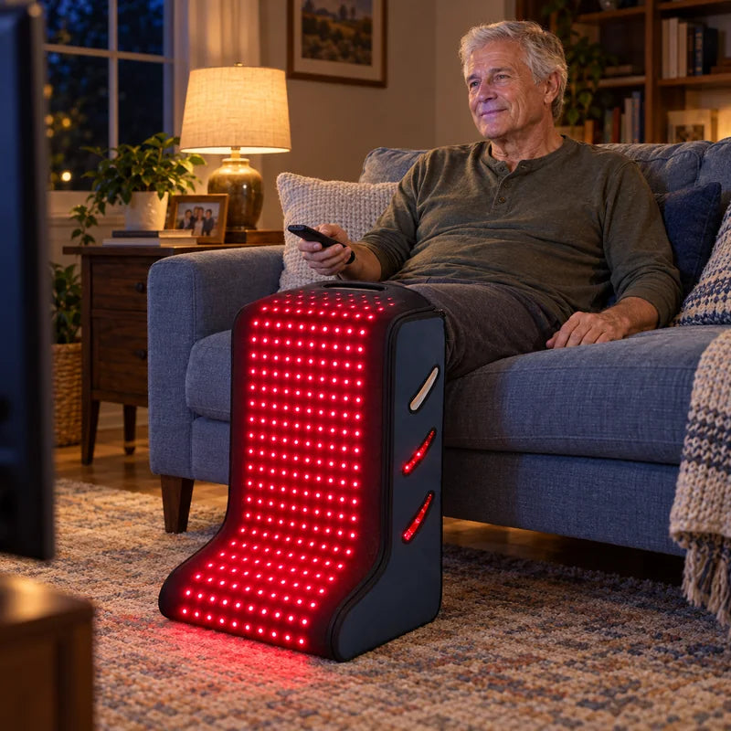 Man watching TV on the sofa with both legs in the boot, knees covered