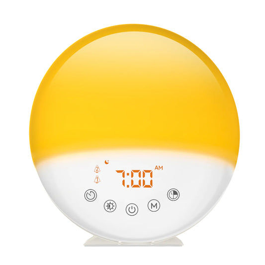 RICIAL Wake Up Light Sunrise Alarm Clock with yellow light and display showing 7:00 AM.