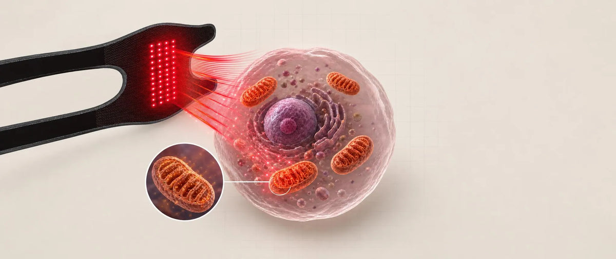 Red light therapy device illuminating a biological cell and mitochondria