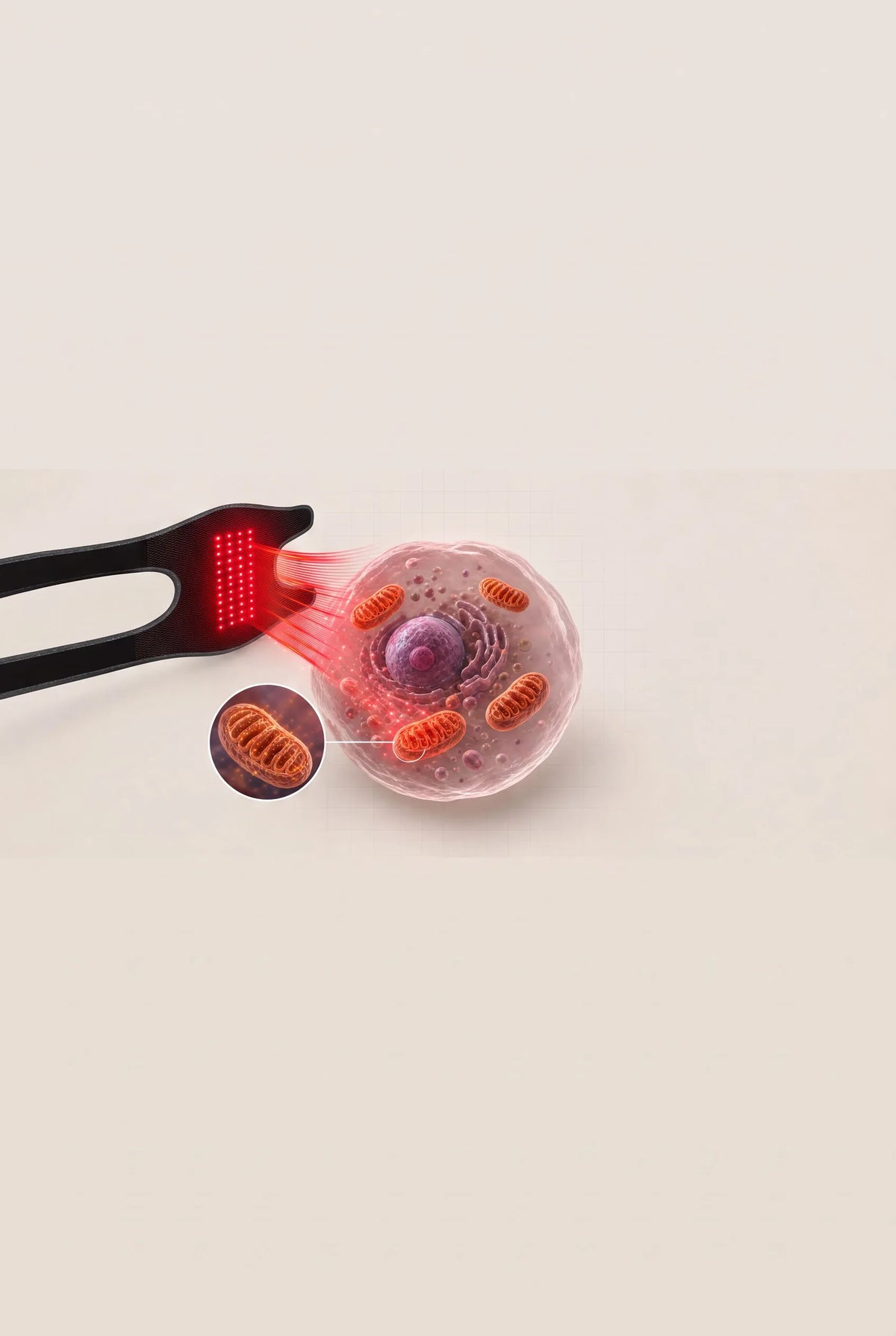 Red light therapy illustration showing a cell and mitochondria