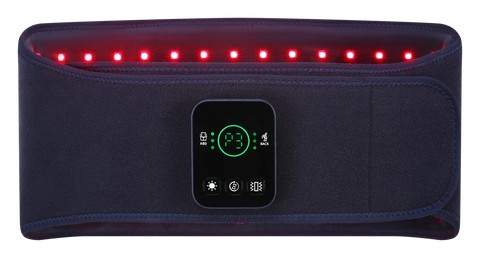 Blue RICIAL InfraLuma red light therapy belt showing its front controller and inner LED surface.