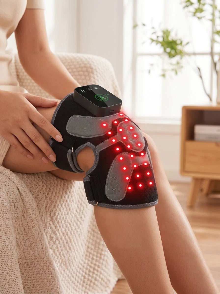 RICIAL FlexiLuma red light therapy knee wrap worn around a bent knee, showing the adjustable straps and controller.