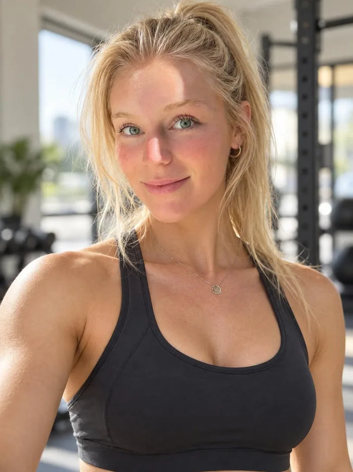 Woman wearing a black sports top in a bright gym setting.