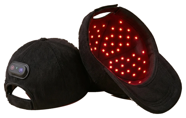 RICIAL FOLIRAY red light therapy cap showing the fabric exterior, controller and inner LED array.