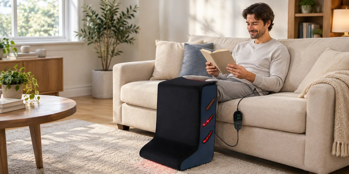 Man reading on a sofa at home while using a RICIAL red light therapy leg wrap
