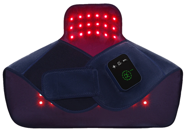 Blue RICIAL red light therapy wrap with adjustable fabric straps, integrated controller and exposed inner LEDs.