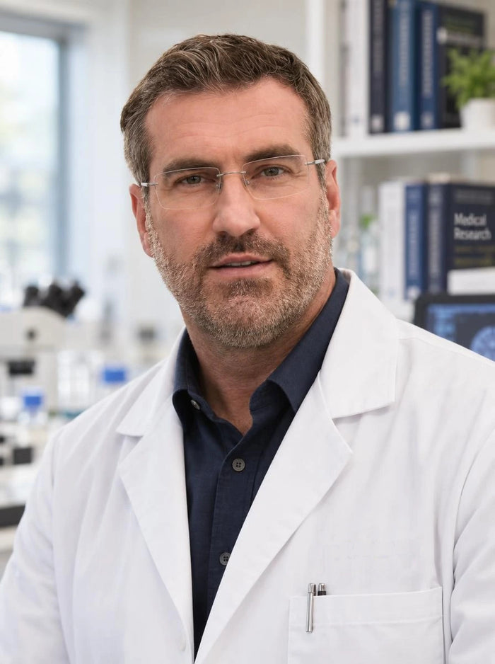 Upper-body portrait of Dr. David Harrison wearing glasses and a white coat.