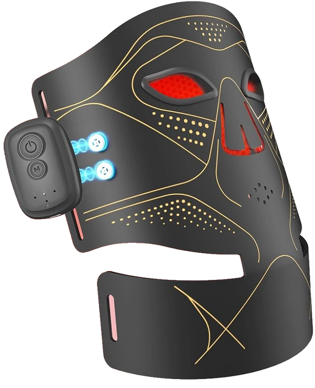 RICIAL LumaVeil LED light therapy mask with black and gold flexible face covering and attached controller.