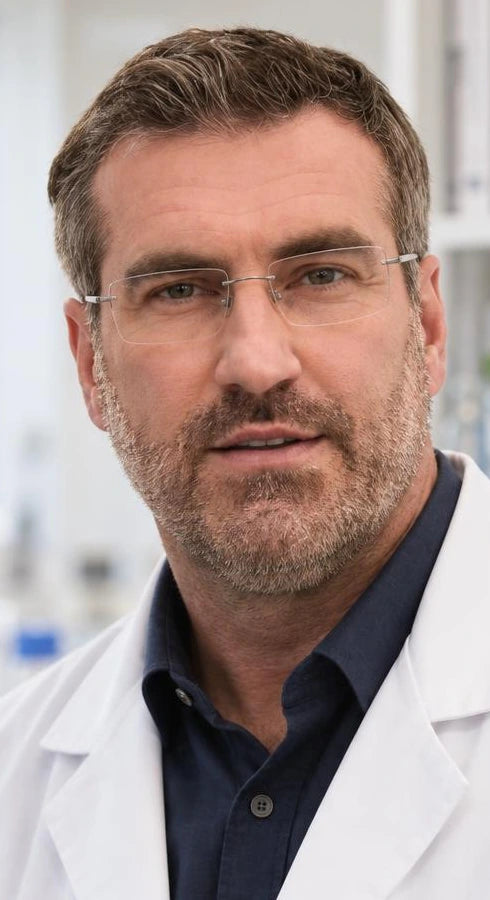 Professional portrait showing a man wearing glasses and a white coat in a bright indoor setting.