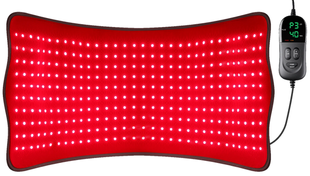 RICIAL ThermoFlex red light therapy mat showing its contoured red LED surface and wired handheld controller.