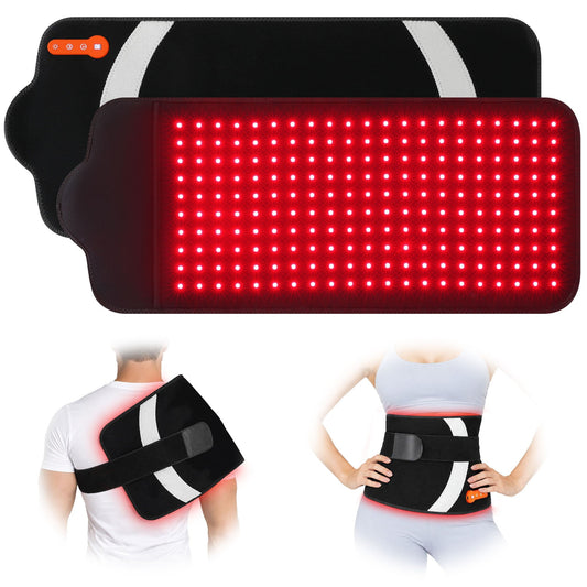 RICIAL RoamLuma cordless red light therapy pad, LED side and back with controller, worn on shoulder and waist