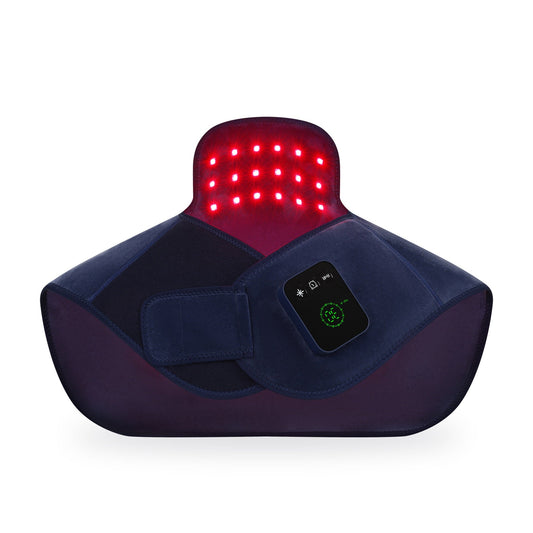 SootheLuma red light therapy neck and shoulder wrap in navy on white background