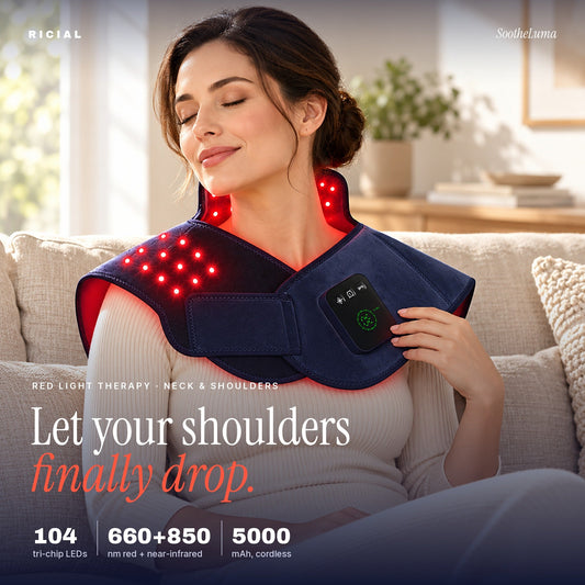 Woman relaxing on the sofa with the navy SootheLuma red light therapy wrap on her neck and shoulders
