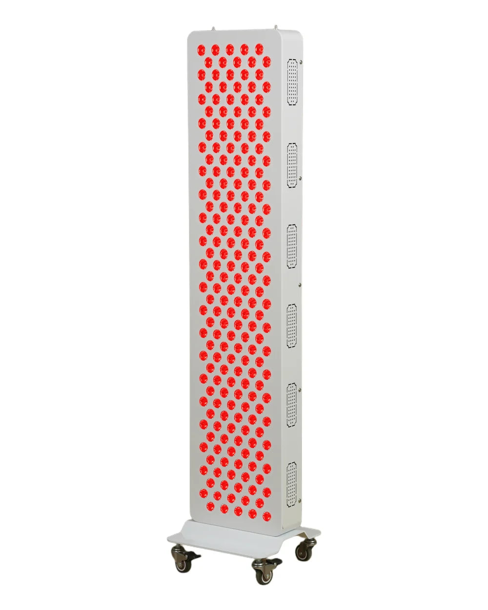 CoreLuma 1000W, three-quarter front view, red LEDs illuminated ; optional rolling base shown