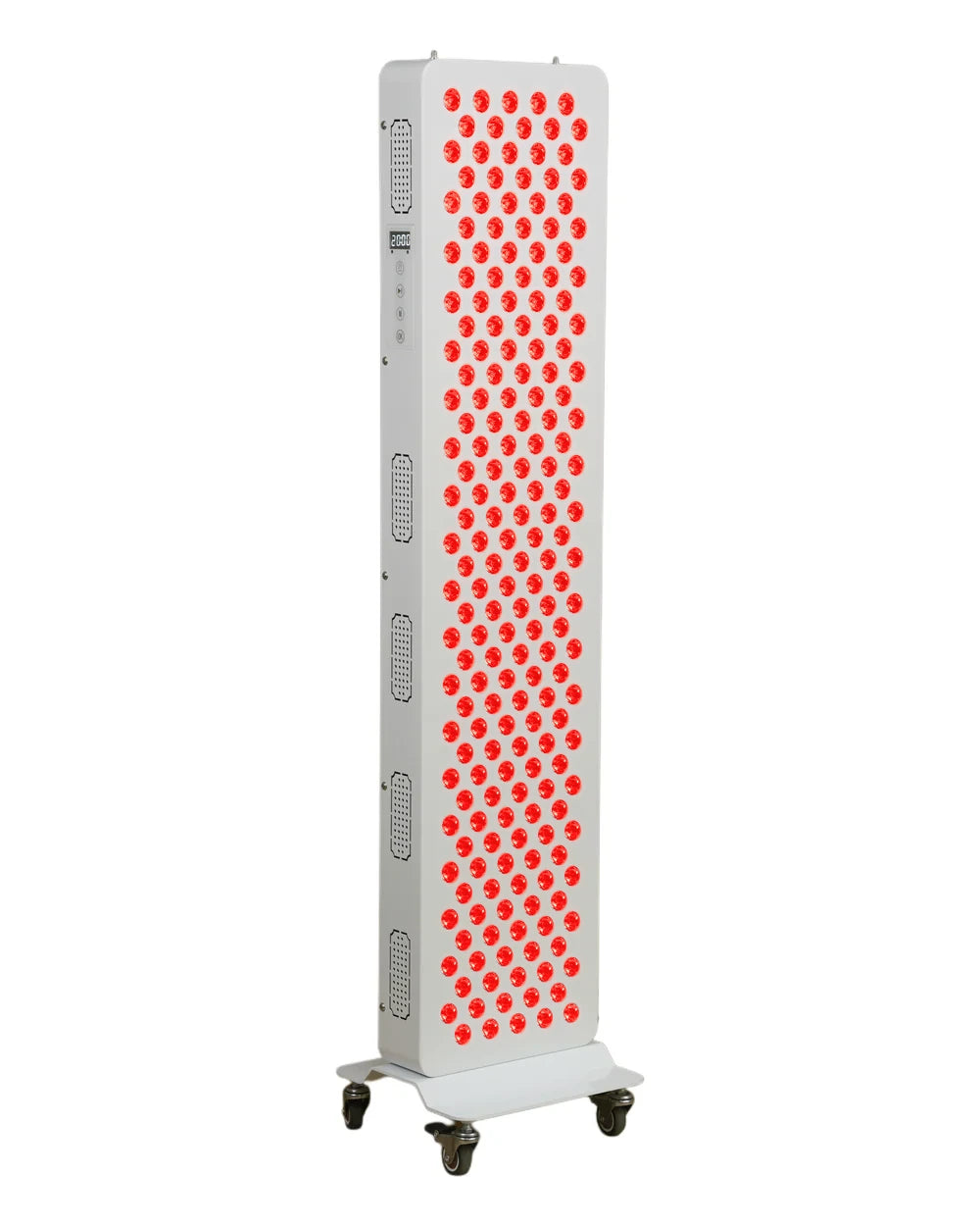 CoreLuma 1000W, three-quarter front view, red LEDs illuminated ; optional rolling base shown