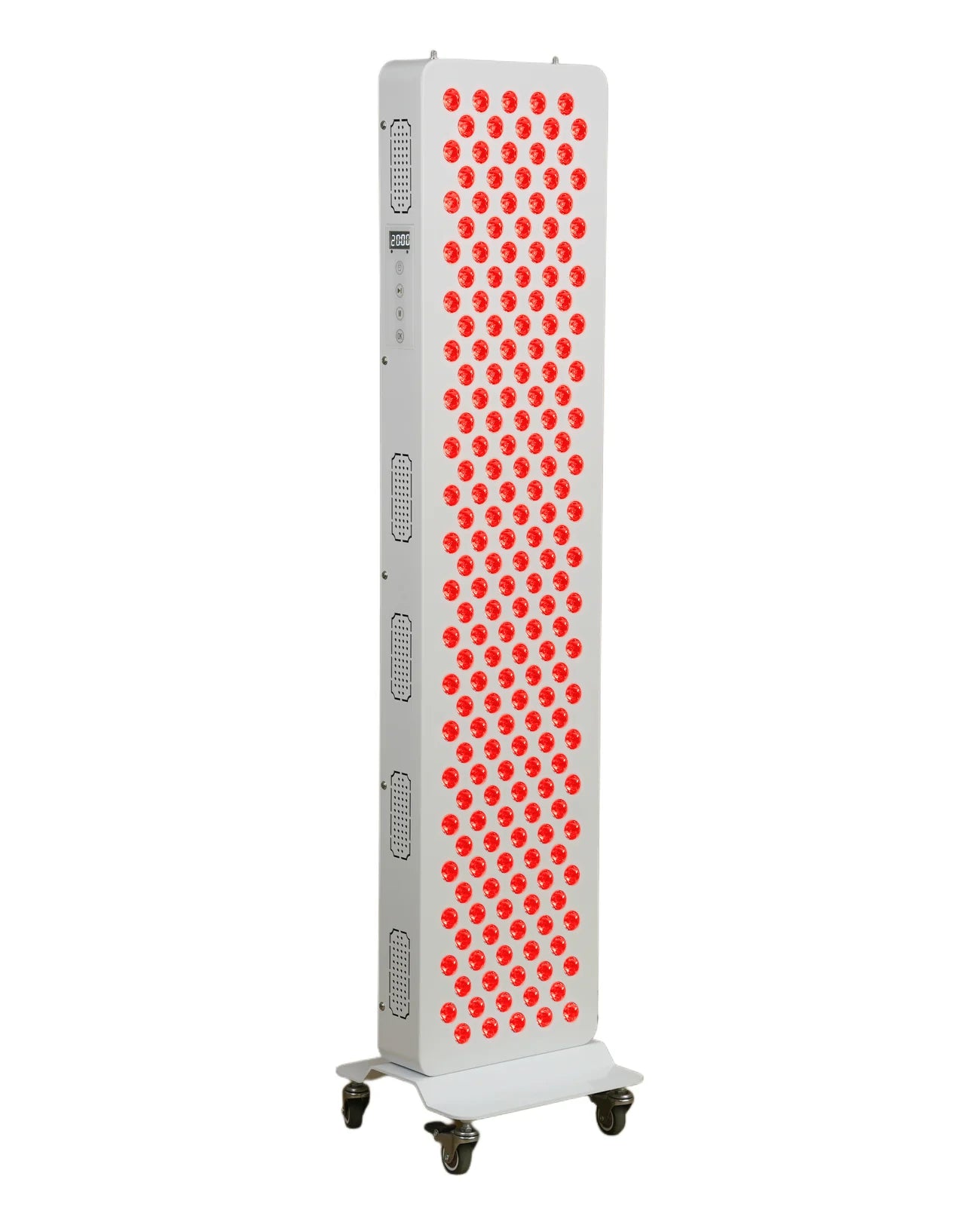 CoreLuma 1000W, three-quarter front view, red LEDs illuminated ; optional rolling base shown