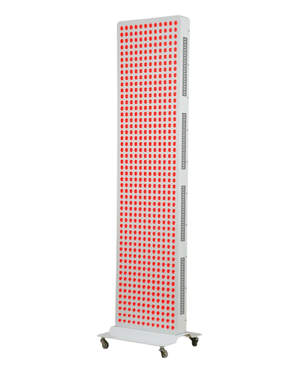 RiseLuma 3000W, three-quarter front view, red LEDs illuminated ; optional rolling base shown