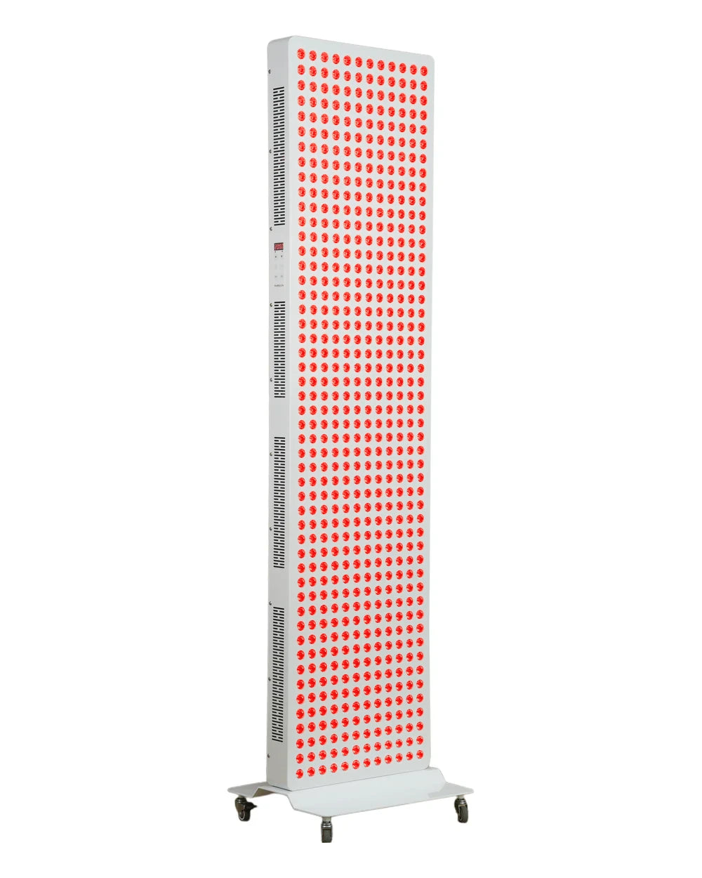 RiseLuma 3000W, three-quarter front view, red LEDs illuminated ; optional rolling base shown