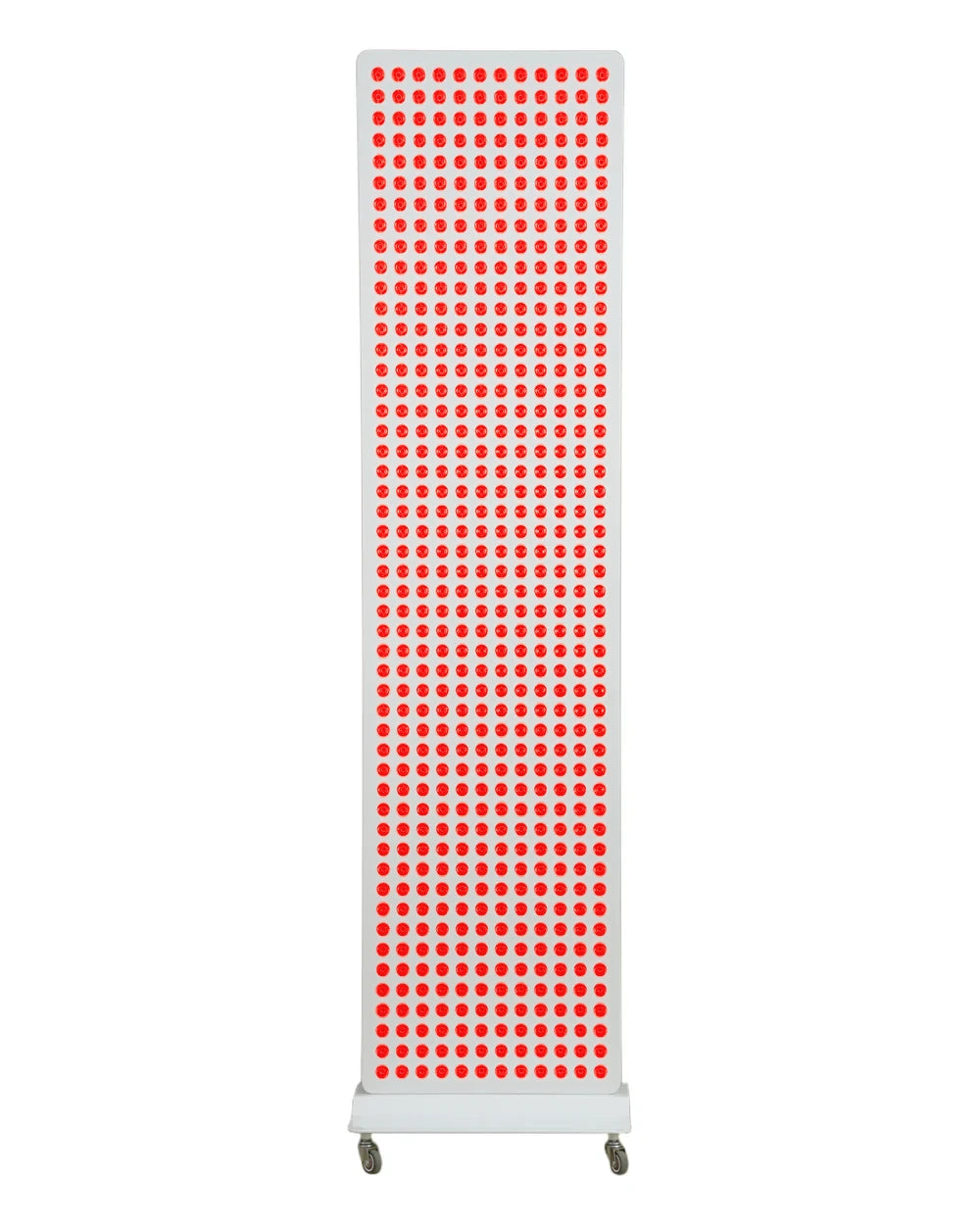 RiseLuma 3000W, front view, red LEDs illuminated ; optional rolling base shown