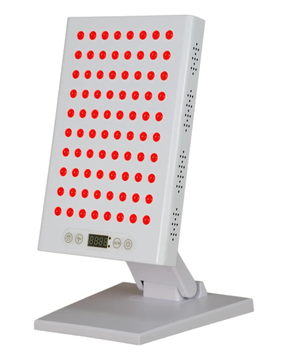 GlowLuma 400W, three-quarter front view, red LEDs illuminated; tabletop stand included