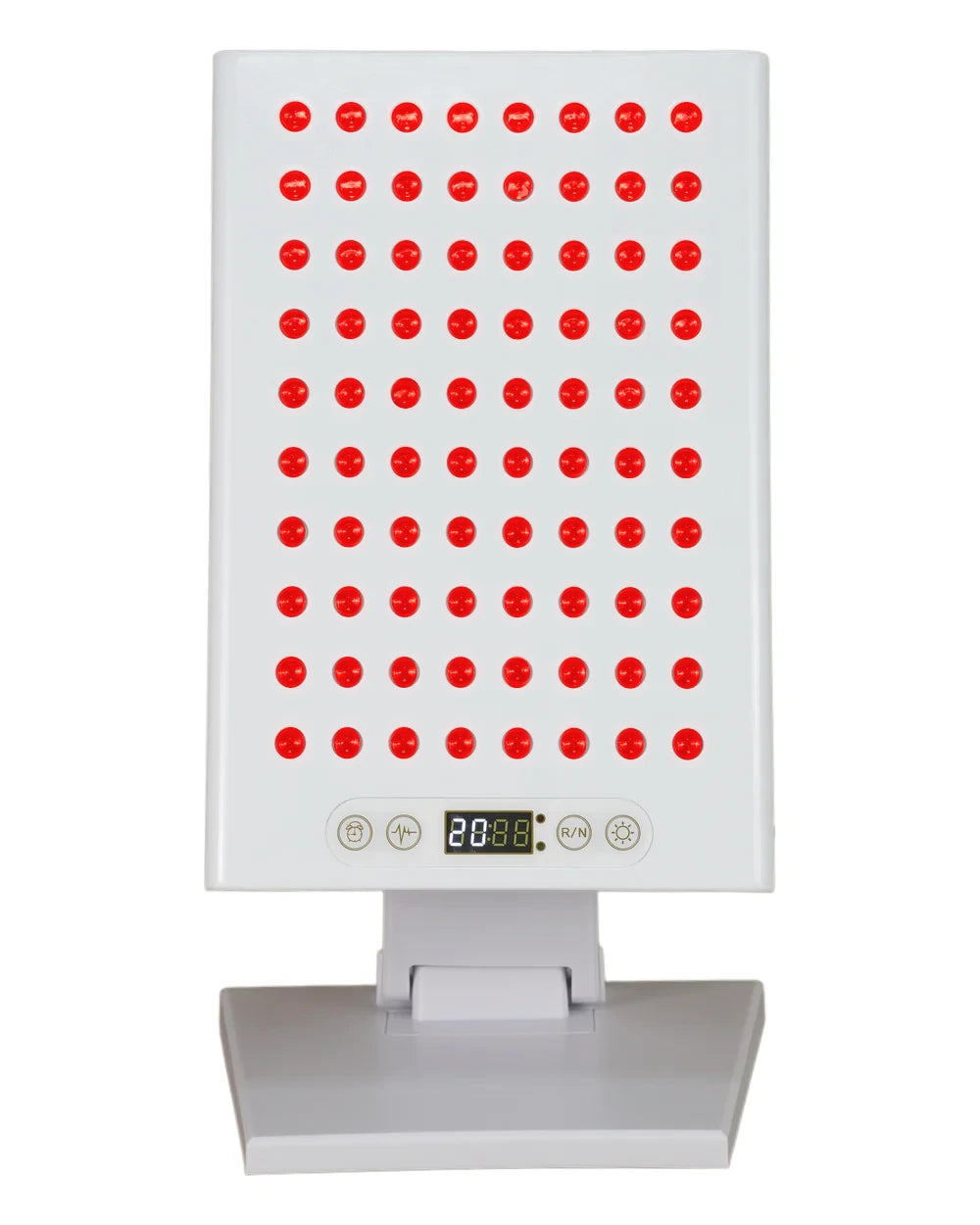GlowLuma 400W, front view, red LEDs illuminated; tabletop stand included