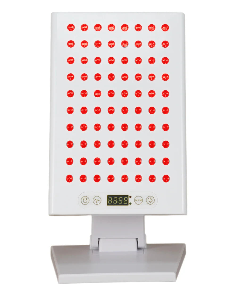 GlowLuma 400W, front view, red LEDs illuminated; tabletop stand included