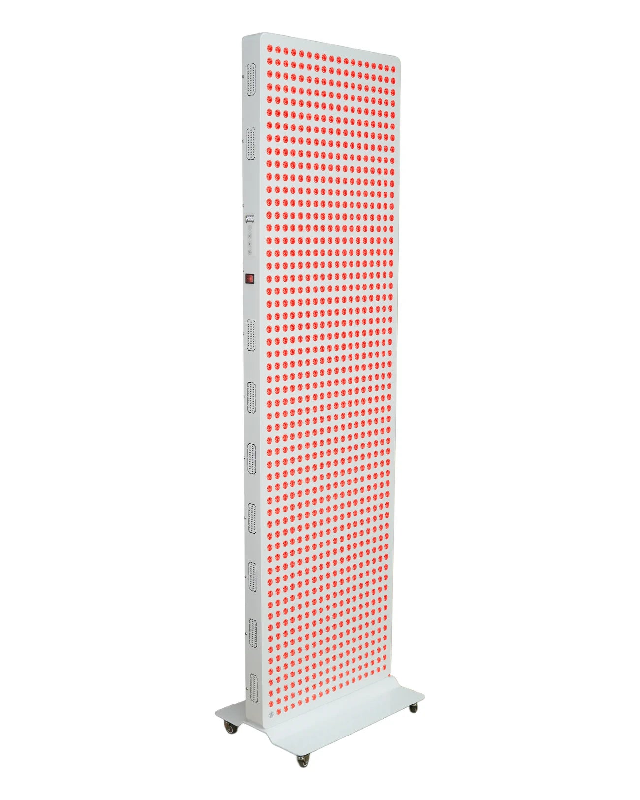 HorizonLuma 5000W, three-quarter front view, red LEDs illuminated ; optional rolling base shown