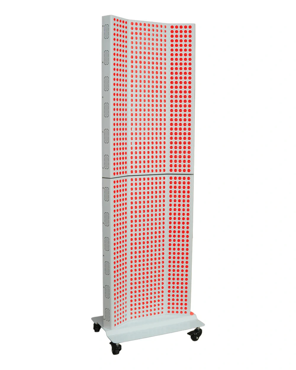 AtlasLuma 6000W, three-quarter front view, red LEDs illuminated ; optional rolling base shown