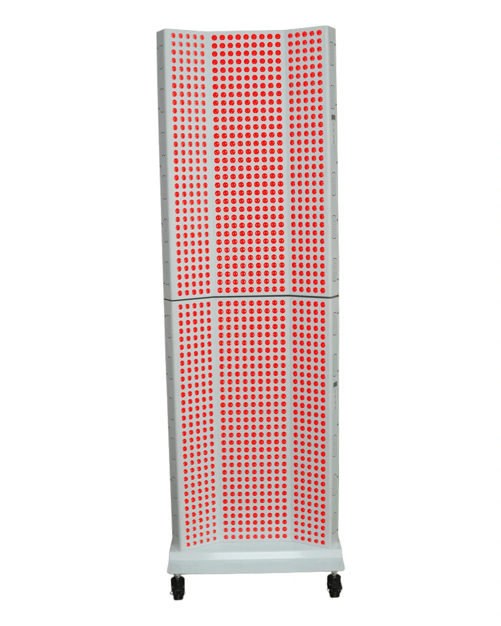 AtlasLuma 6000W, front view, red LEDs illuminated ; optional rolling base shown